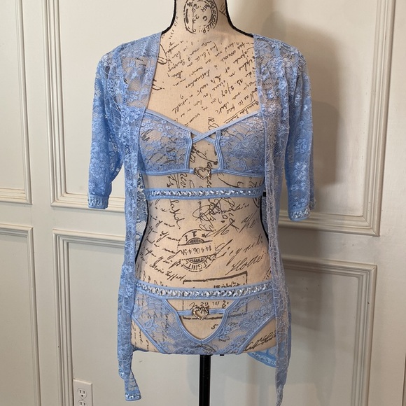 G-World Intimates 3pc Sexy Lace Robe Cutout Bra & Panty Set - Size: OS - Picture 4 of 10